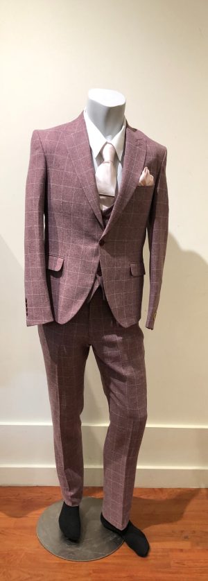 White boxes and Burgandy suit